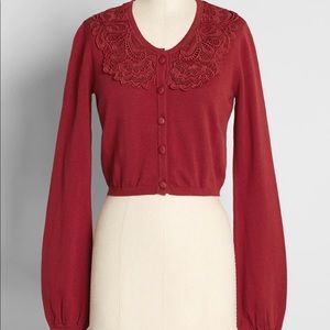 Collectif  Red Lace and Knit Long-Sleeve Cardigan in Size 16